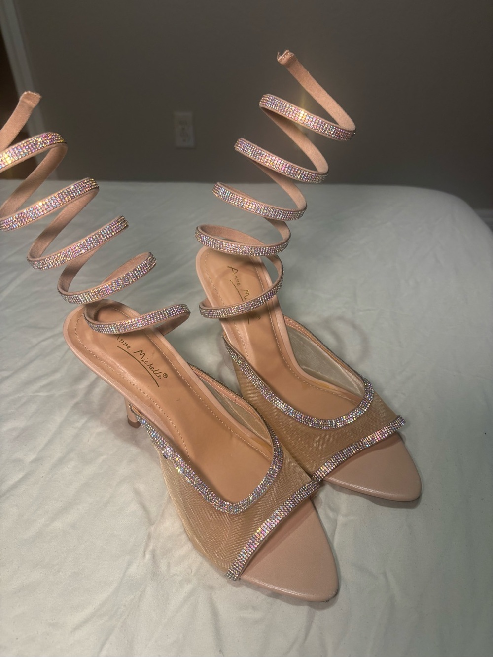Amina Muaddi Blush Nude Crystal Spiral Strap Sandals